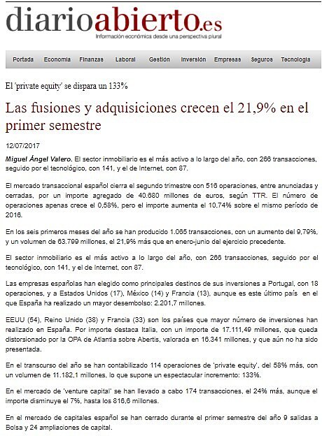 Las fusiones y adquisiciones crecen el 21,9% en el primer semestre